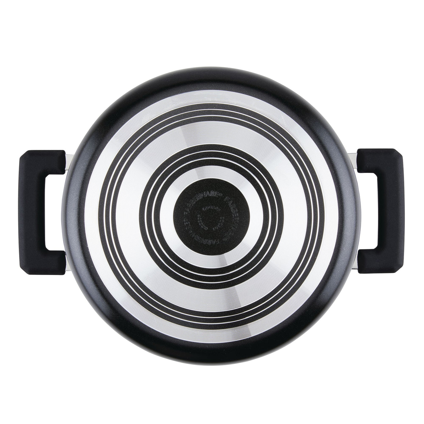Top view of the Farberware Cookstart 6-Quart Nonstick Straining Saucepot lid with two black handles, perfect for your cooking needs.
