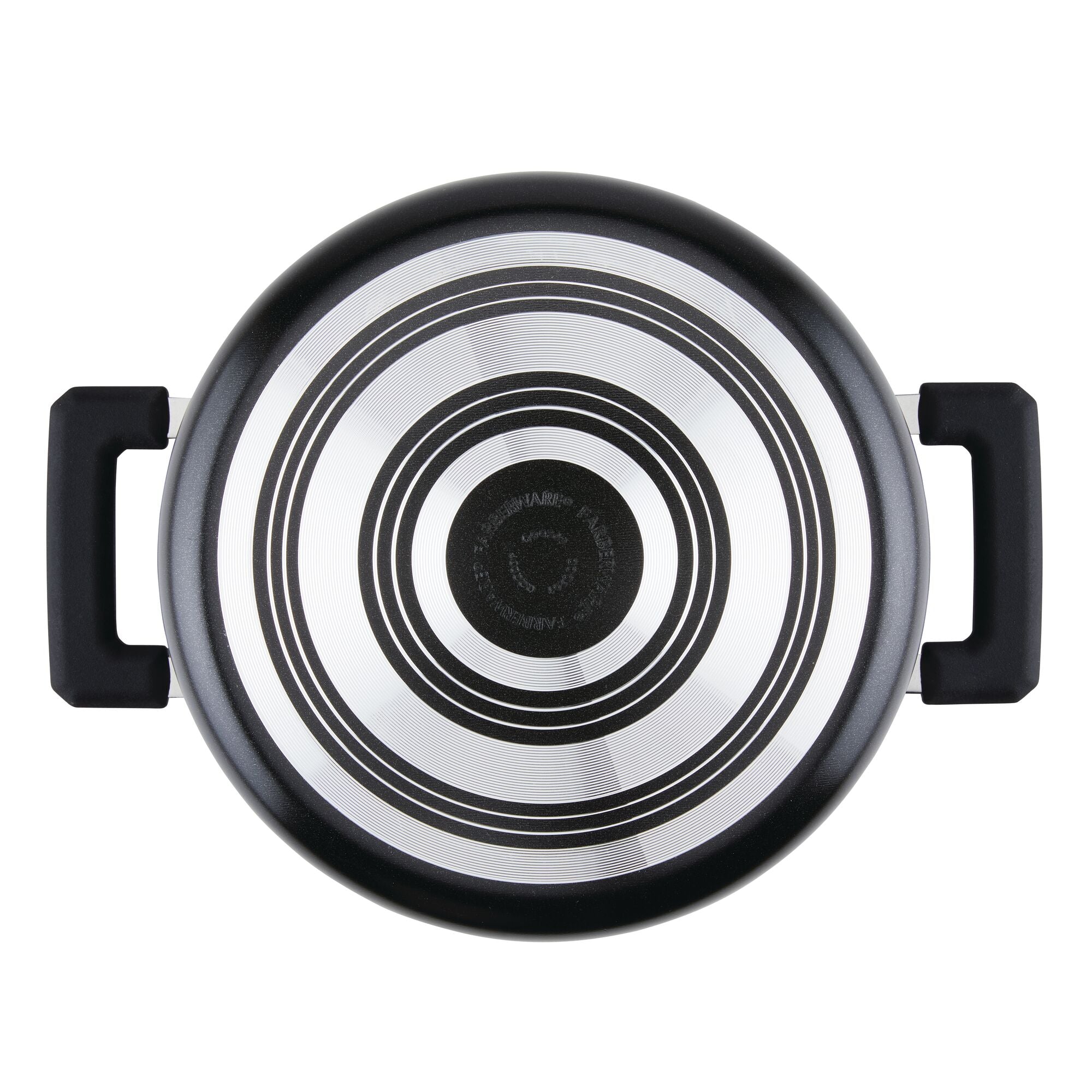 Top view of the Farberware Cookstart 6-Quart Nonstick Straining Saucepot lid with two black handles, perfect for your cooking needs.