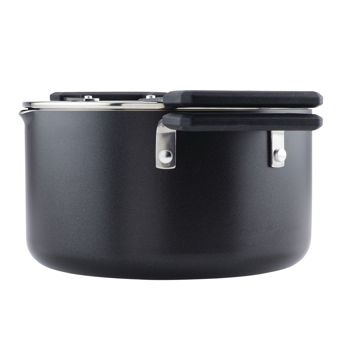The 6-Quart Nonstick Straining Saucepot in black, featuring dual handles and a lid on a white background, boasts DiamondMax nonstick technology, making it the perfect addition to your kitchen.
