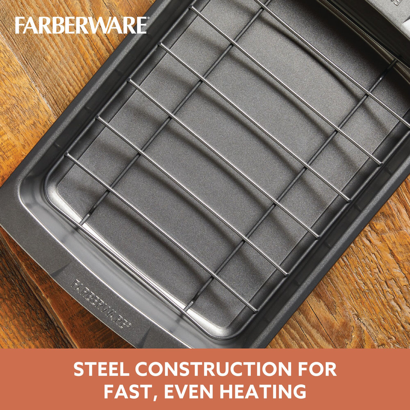 A Nonstick Roaster with U-Rack sits on a wooden surface, poised to offer oven-safe perfection.