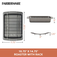 Experience the Nonstick Roaster with U-Rack from Farberware, featuring clear dimension labels and oven-safe reliability, ensuring perfect cooking results every time.