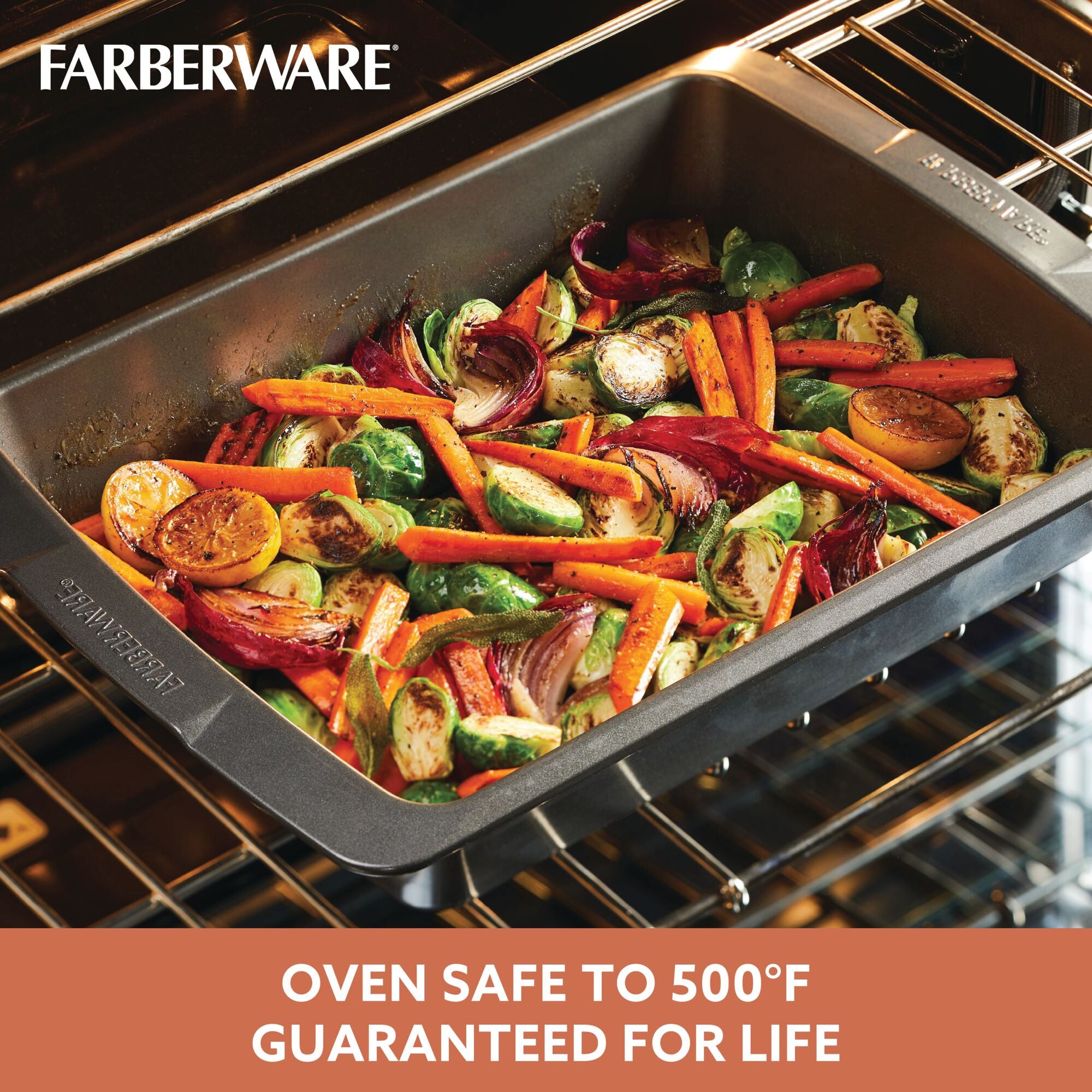 Using the Nonstick Roaster with U-Rack inside the oven ensures even cooking and easy cleanup when roasting vegetables.