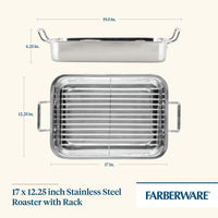17" x 12.25" Stainless Steel Roaster with Rack, featuring a removable rack and oven-safe design for versatile cooking, with dimensions clearly shown.