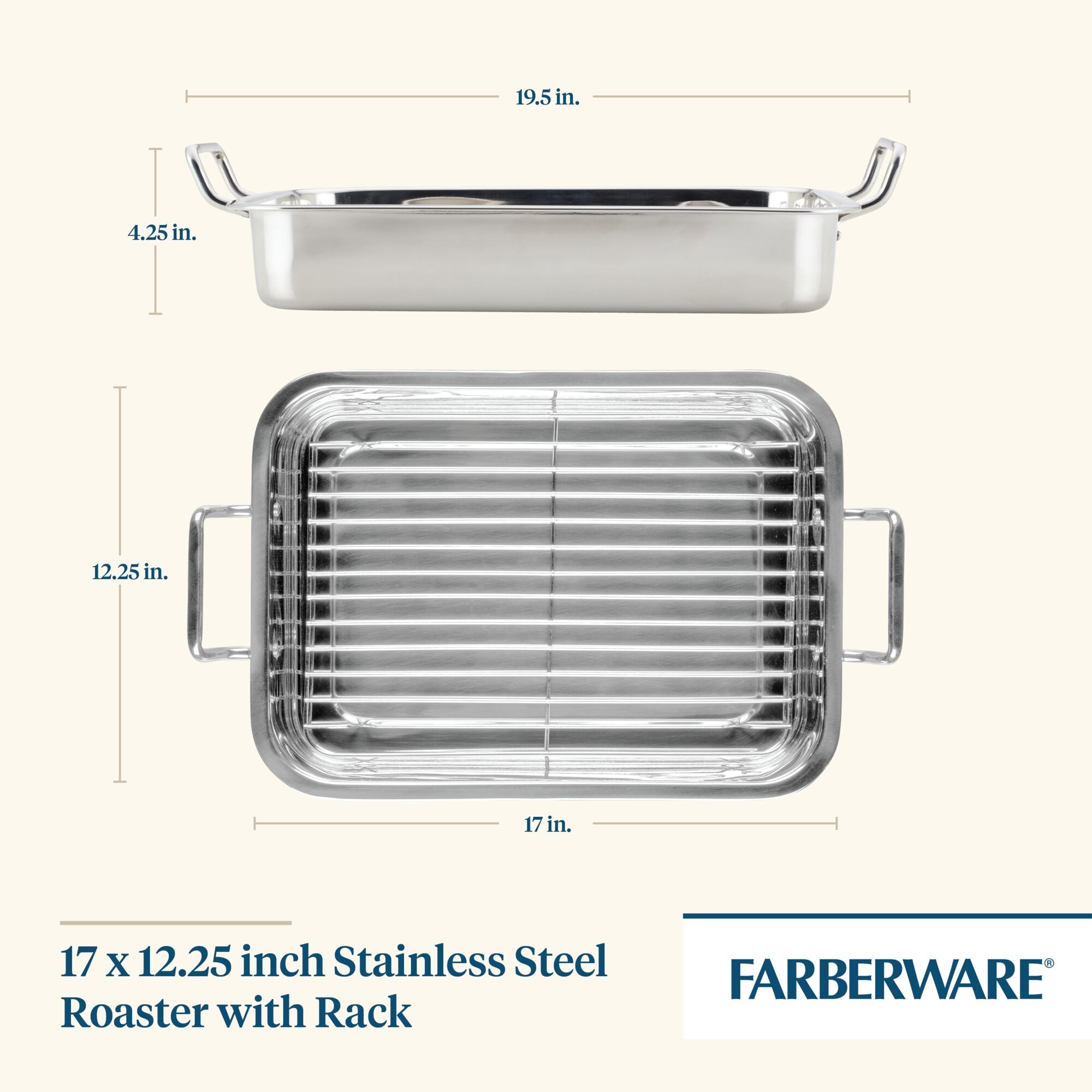 17" x 12.25" Stainless Steel Roaster with Rack, featuring a removable rack and oven-safe design for versatile cooking, with dimensions clearly shown.
