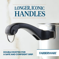 Close-up of a frying pan from the Classic Traditions Ceramic Stainless Steel 12-Piece Cookware Set, featuring a long black handle and metal ring attachment, perfect for your kitchen essentials.