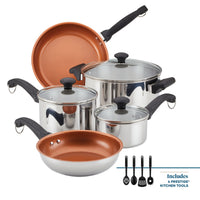 The Classic Traditions Ceramic Stainless Steel 12-Piece Cookware Set includes stainless steel pots and pans with glass lids and four kitchen tools for a comprehensive collection of kitchen essentials, featuring a ceramic nonstick frying pan for seamless cooking.