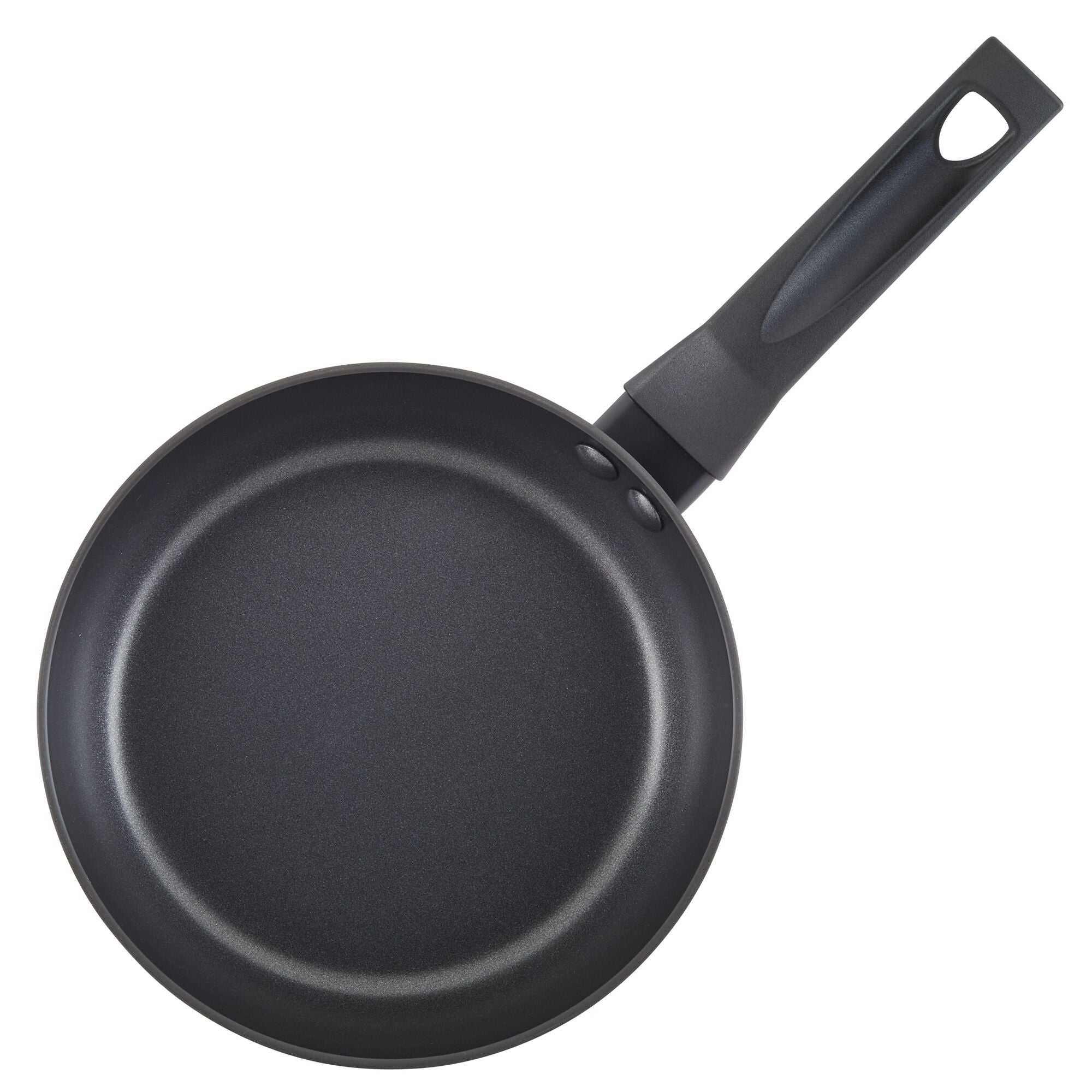 Ultra-durable nonstick frying pan from the Power Base 12-Piece Cookware Set, featuring a sleek black handle, shown from above.