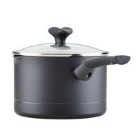 A black, ultra-durable saucepan from the Power Base 12-Piece Cookware Set, featuring a nonstick surface, glass lid, and side handle.