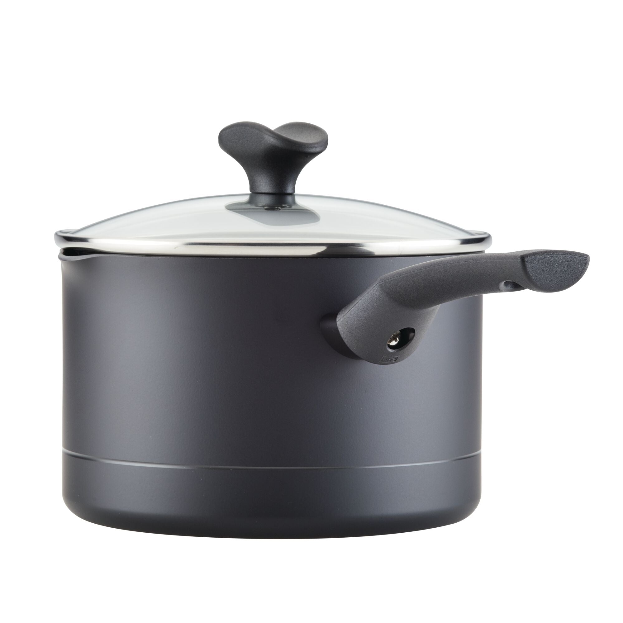 A black, ultra-durable saucepan from the Power Base 12-Piece Cookware Set, featuring a nonstick surface, glass lid, and side handle.