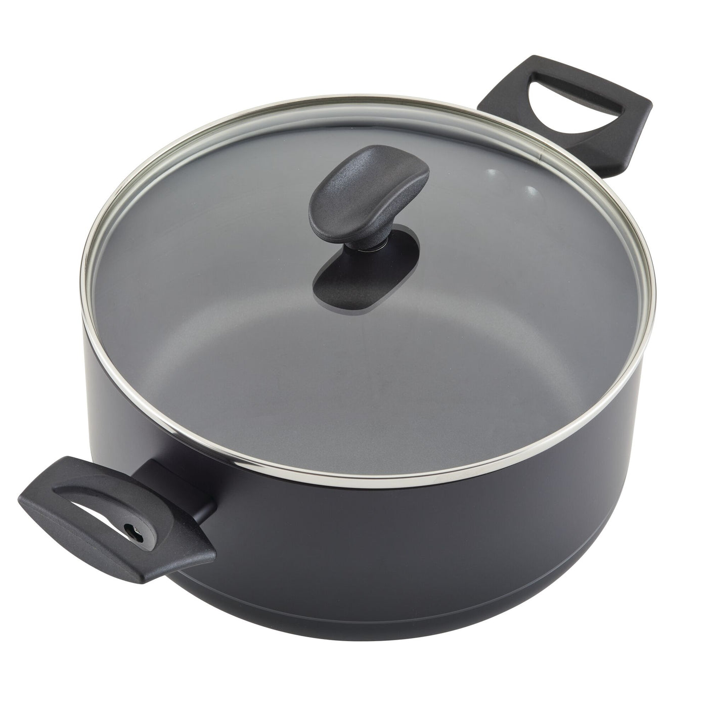 Ultra-durable black cooking pot from the Power Base 12-Piece Cookware Set, featuring a nonstick surface, a glass lid, and sleek black handles.