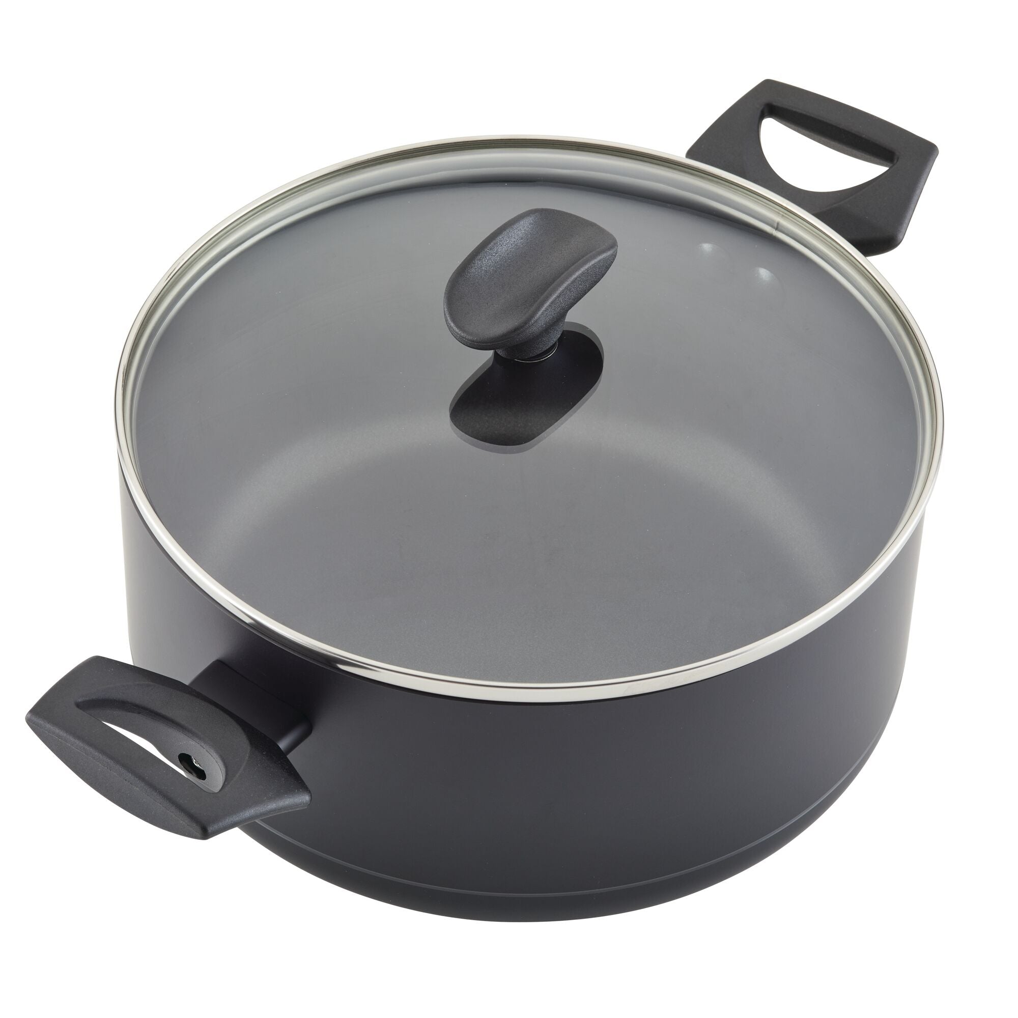 Ultra-durable black cooking pot from the Power Base 12-Piece Cookware Set, featuring a nonstick surface, a glass lid, and sleek black handles.