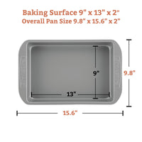 The 4-Piece Nonstick Cookie Pan and Cake Pan Set in gray offers a nonstick surface for effortless food release, complete with clearly labeled dimensions and baking surface area. Perfect for versatile use, this oven-safe set ensures even cooking results every time.