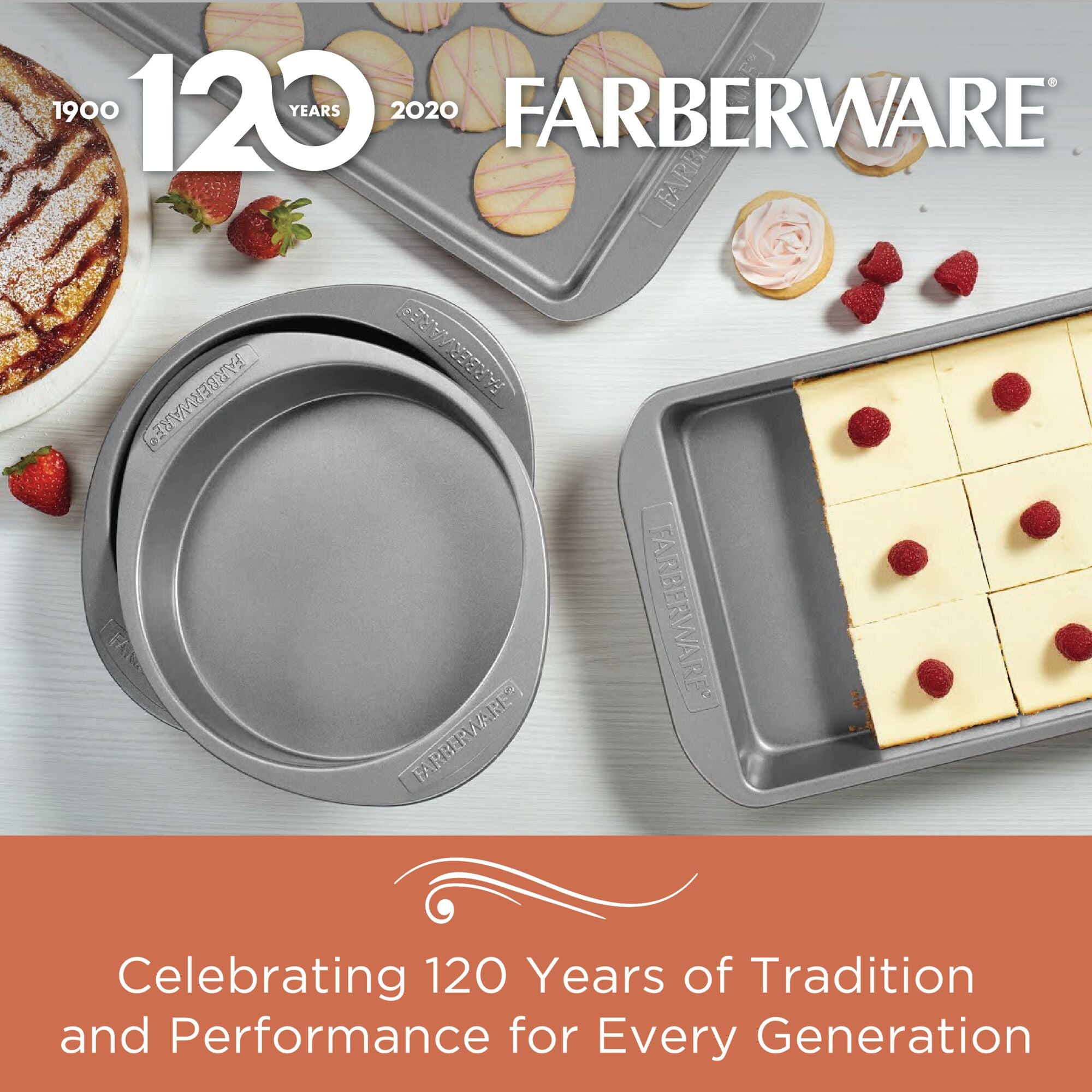Farberware's 4-Piece Nonstick Cookie Pan and Cake Pan Set celebrates its 120th anniversary, featuring nonstick bakeware perfect for creating delightful desserts. Oven-safe and crafted for perfection, it continues to bring joy to every baking adventure.
