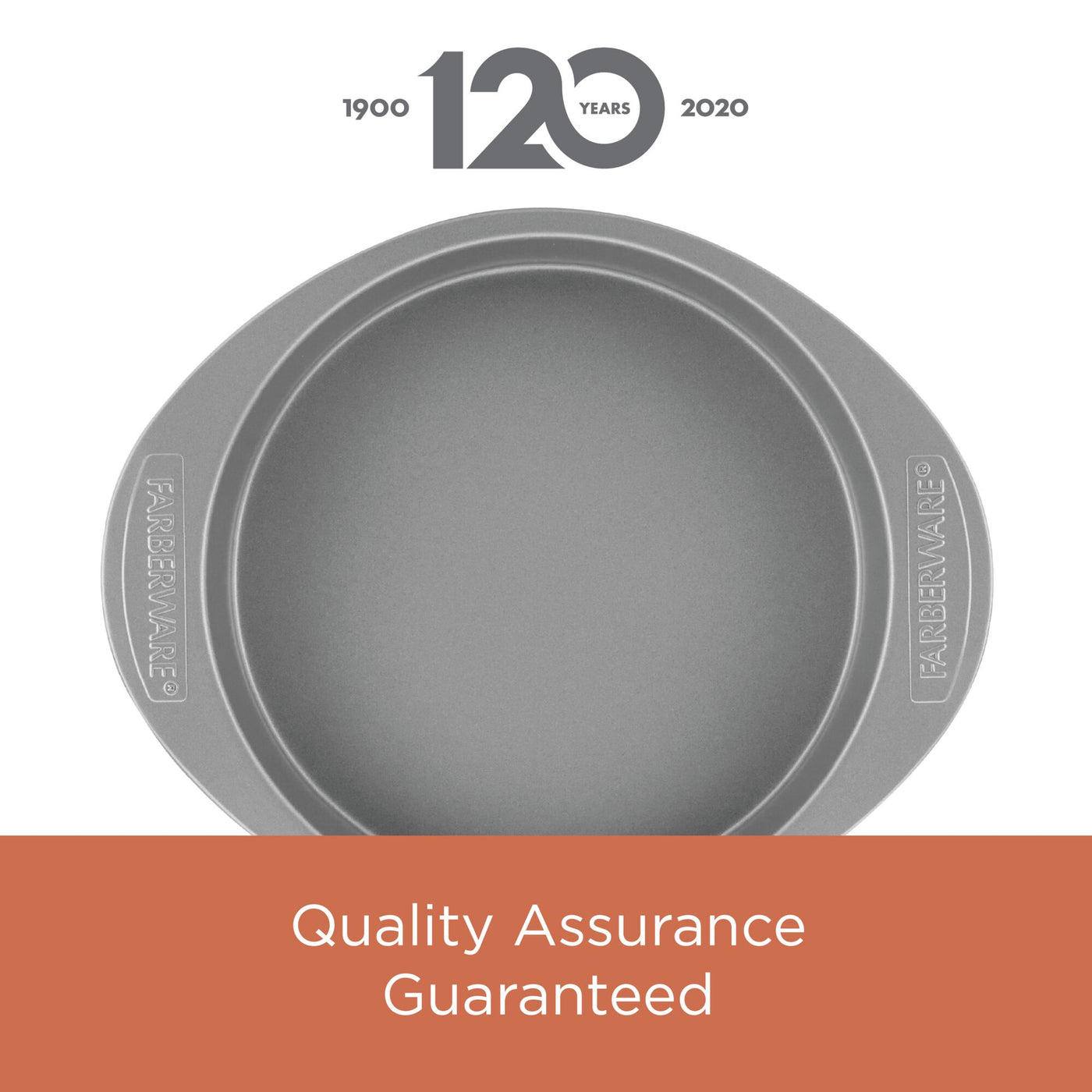 This round gray piece from the 4-Piece Nonstick Cookie Pan and Cake Pan Set comes with embossed handles and includes a "Quality Assurance" guarantee. It's oven-safe and nonstick, making it perfect for all your baking needs.
