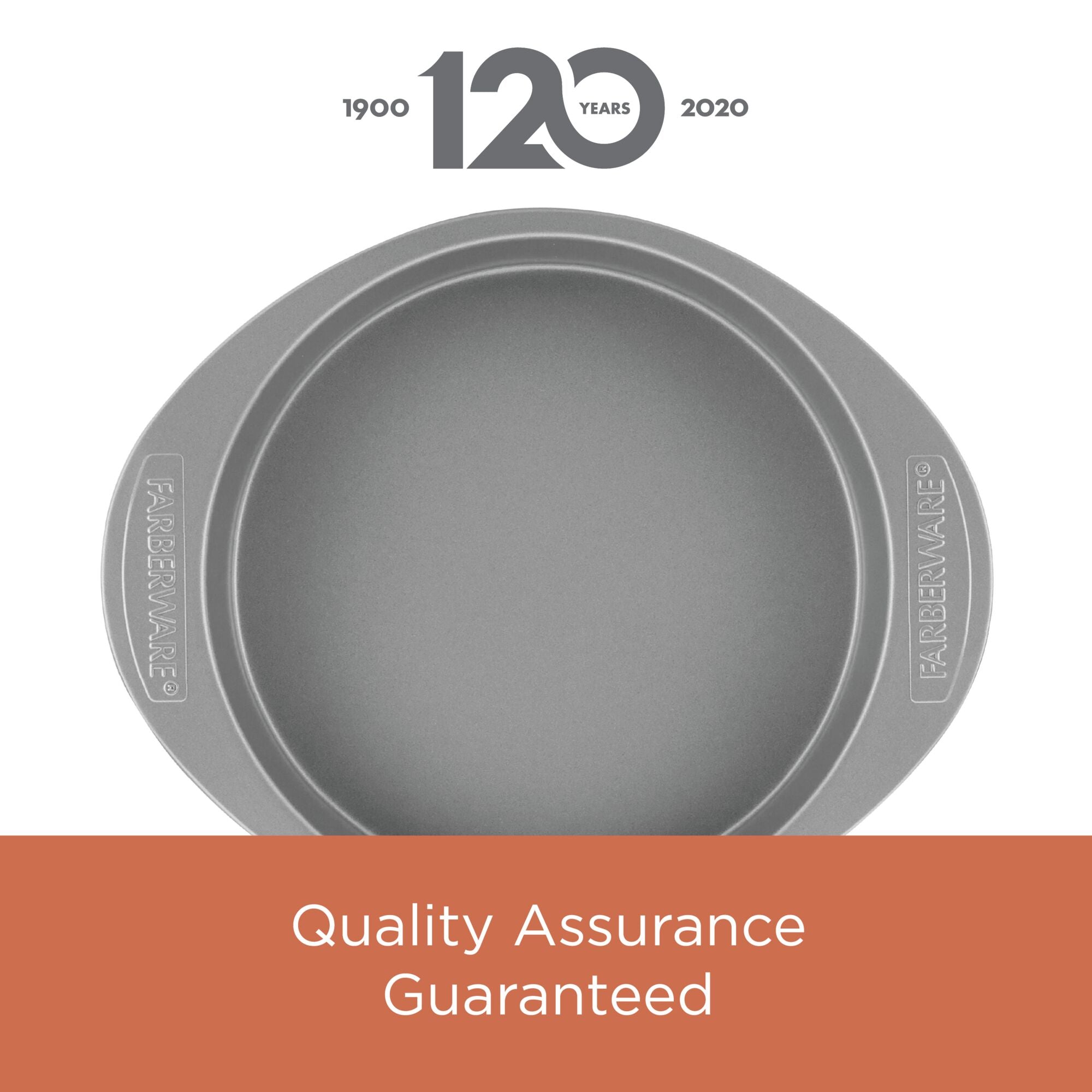 This round gray piece from the 4-Piece Nonstick Cookie Pan and Cake Pan Set comes with embossed handles and includes a "Quality Assurance" guarantee. It's oven-safe and nonstick, making it perfect for all your baking needs.