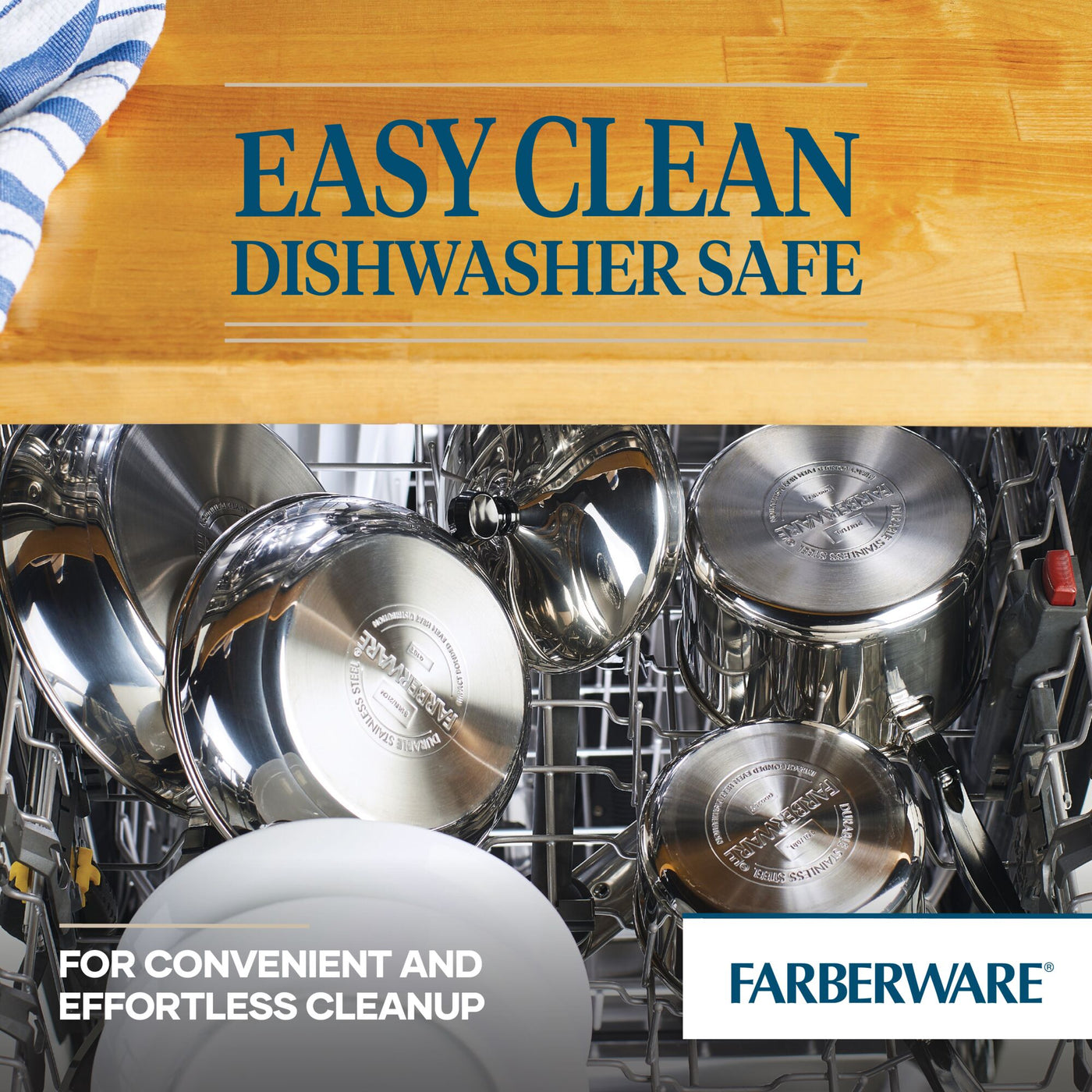 The 17" x 12.25" Stainless Steel Roaster with Rack from Farberware is featured in a dishwasher highlighting the "Easy Clean Dishwasher Safe" text.