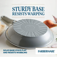 Gray frying pan from the 12-Piece Nonstick Cookware Set with text: "Sturdy Base Resists Warping." Featuring Farberware DuraStrong, this cookware ensures even heat distribution and easy cleanup.