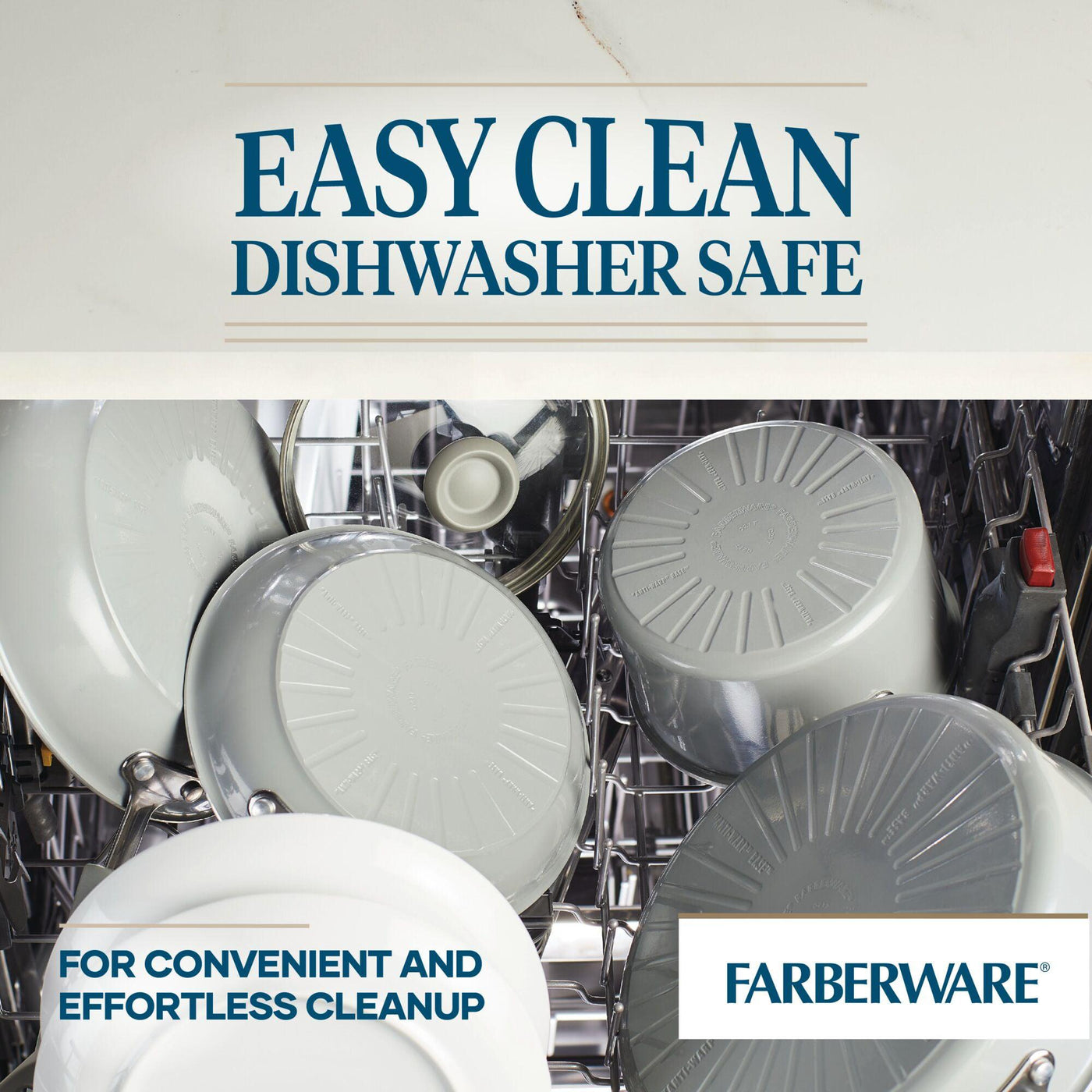 The 12-Piece Nonstick Cookware Set, labeled "Easy Clean Dishwasher Safe," features the durable and efficient PowerDiamond nonstick surface by Farberware DuraStrong and is loaded into the dishwasher.