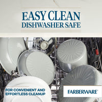 The 12-Piece Nonstick Cookware Set, labeled "Easy Clean Dishwasher Safe," features the durable and efficient PowerDiamond nonstick surface by Farberware DuraStrong and is loaded into the dishwasher.