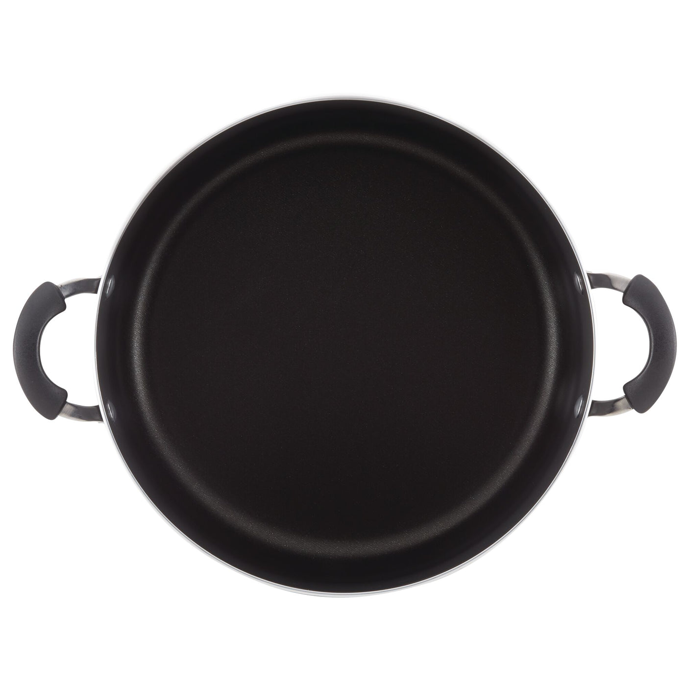 Top view of a nonstick 8-quart stockpot with two black handles, perfect for crafting delicious soups.