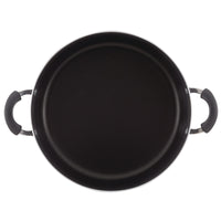 Top view of a nonstick 8-quart stockpot with two black handles, perfect for crafting delicious soups.