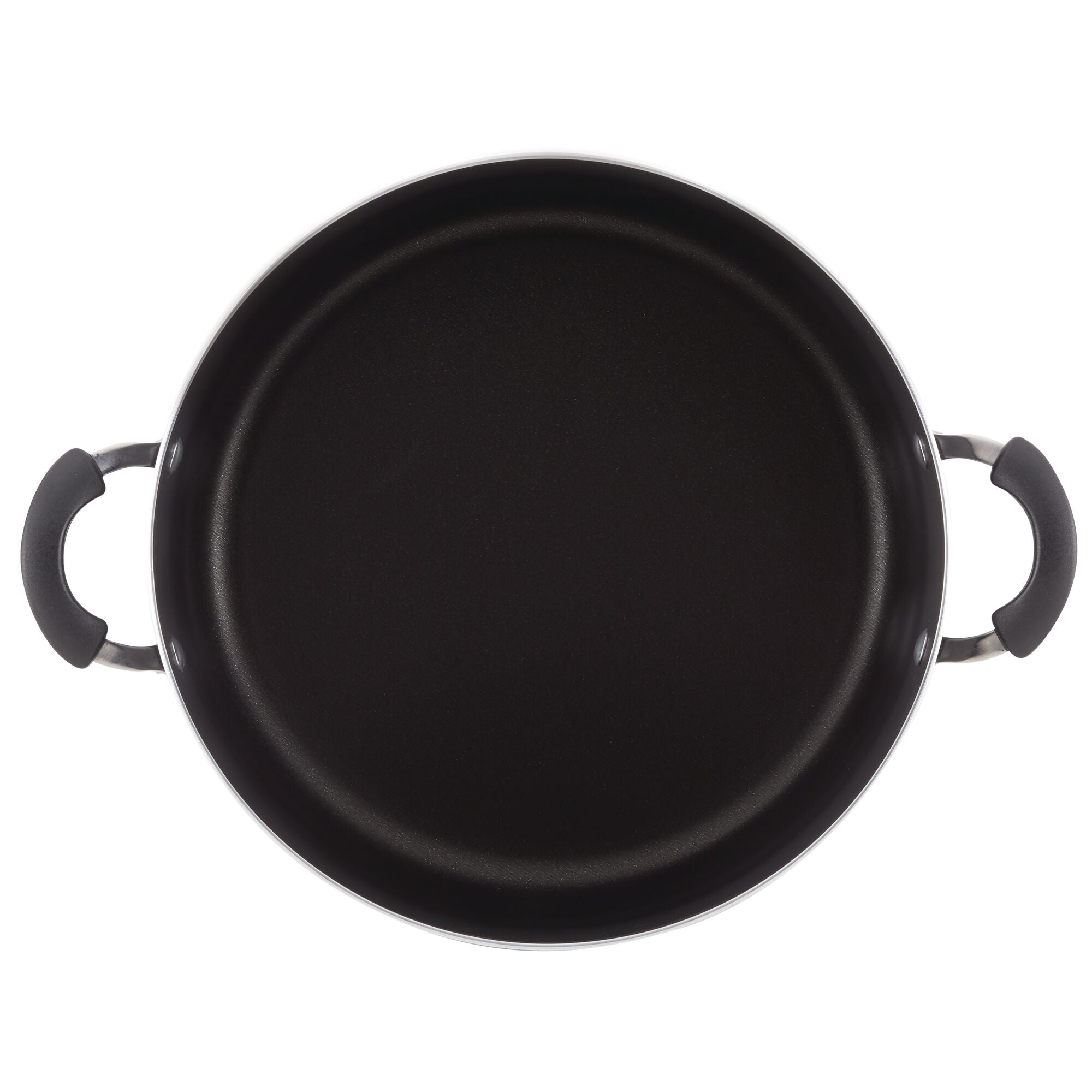 Top view of a nonstick 8-quart stockpot with two black handles, perfect for crafting delicious soups.