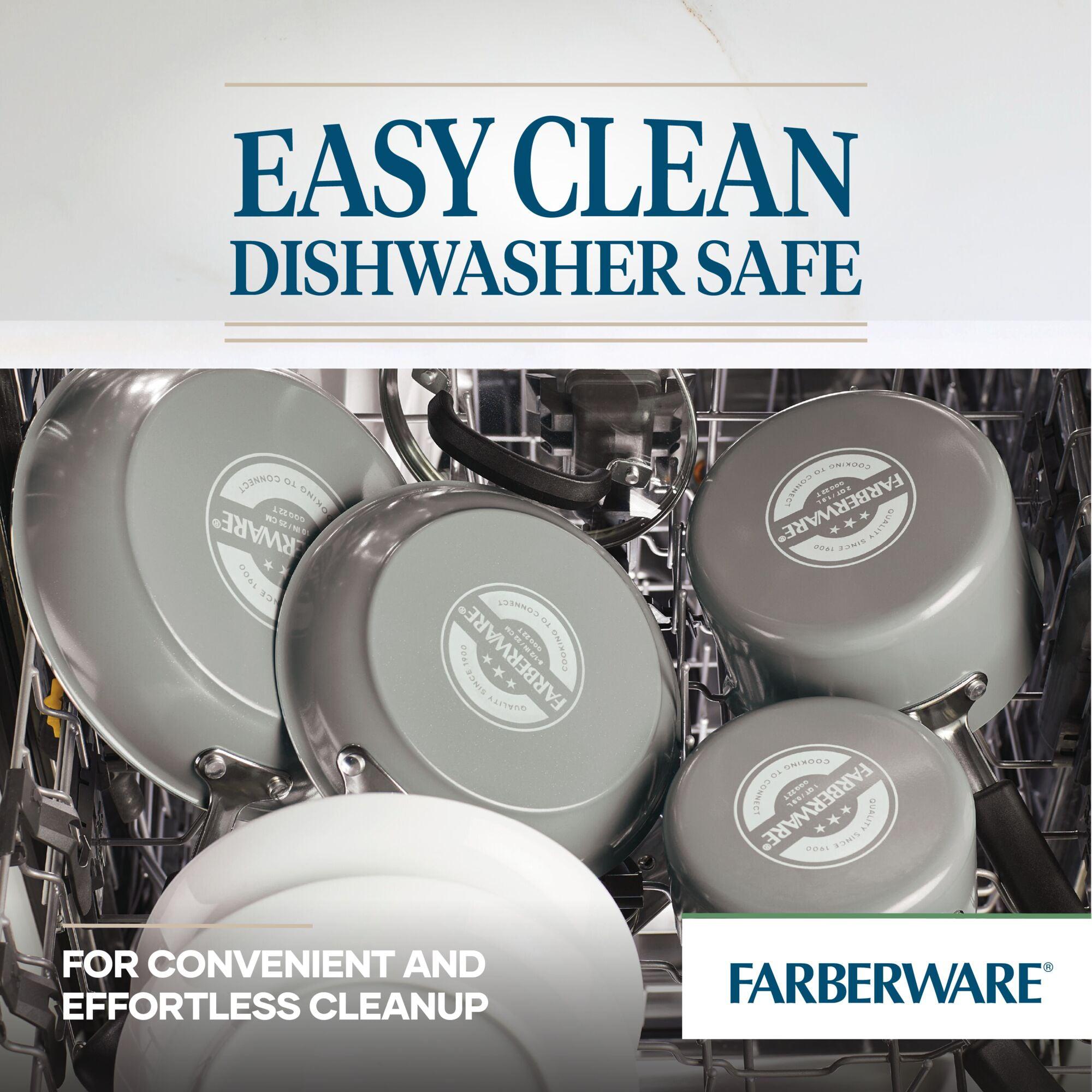 A 12.5-inch recycled aluminum ceramic nonstick deep frying pan in a dishwasher highlighting the "Easy Clean" feature.