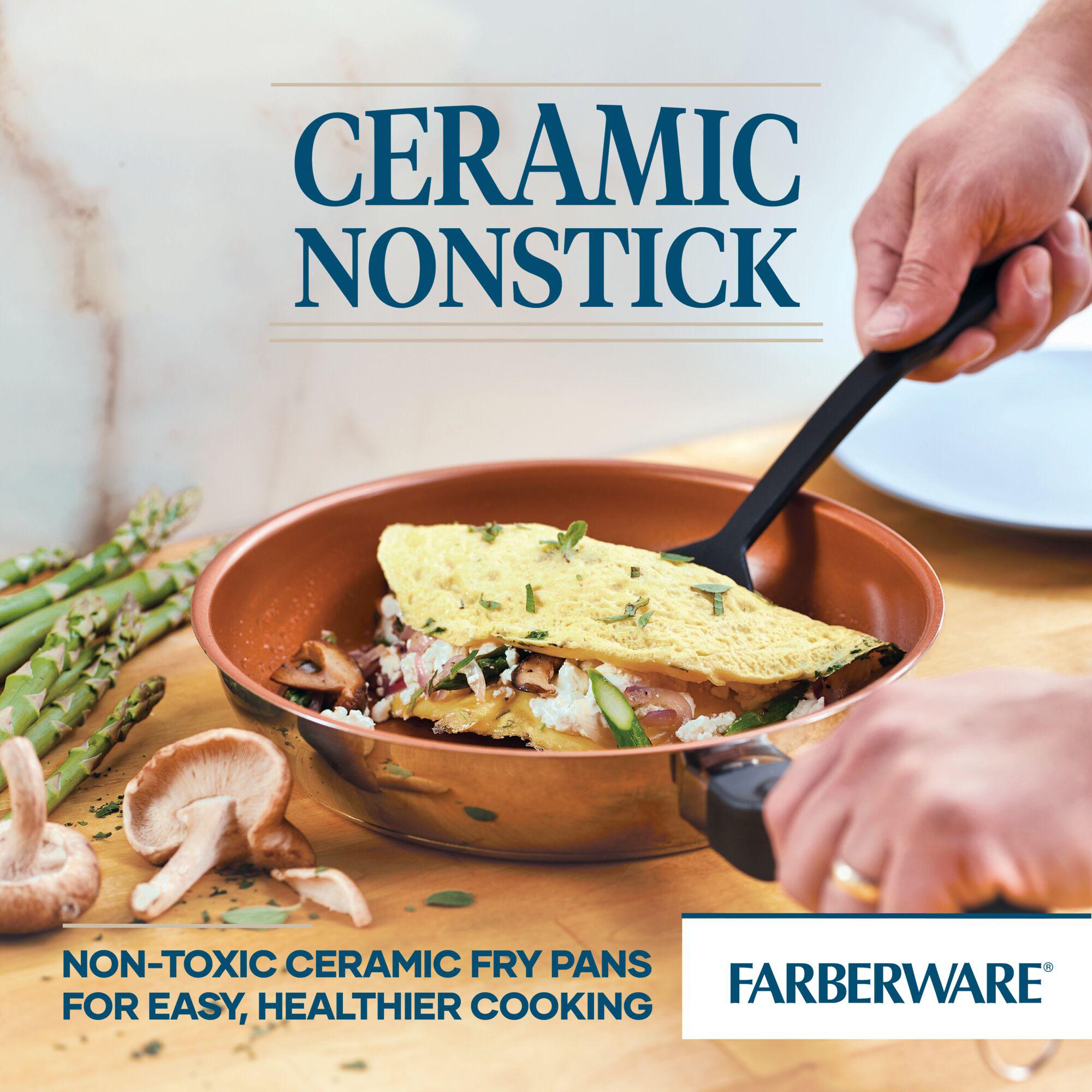 In the heart of a cozy kitchen, someone expertly flips an omelet in their Classic Traditions Ceramic Stainless Steel frying pan, surrounded by vibrant veggies. It's part of a 12-piece cookware set that's indispensable for elevating every meal.