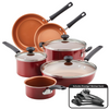 Introducing the 14-Piece Aluminum Cookware Set, featuring a red design with glass lids and black handles. This set boasts heavy-duty aluminum construction and nonstick interiors, complete with essential kitchen tools.
