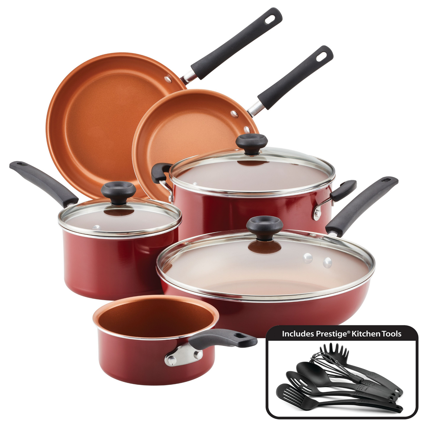 Introducing the 14-Piece Aluminum Cookware Set, featuring a red design with glass lids and black handles. This set boasts heavy-duty aluminum construction and nonstick interiors, complete with essential kitchen tools.
