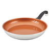 The Classic Traditions Ceramic Stainless Steel 12.5" Skillet, an essential piece in your cookware collection, showcases a copper-colored nonstick surface and includes a black handle with a convenient hanging loop for easy storage.