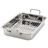 The 17" x 12.25" Stainless Steel Roaster with Rack includes a removable rack, is equipped with two handles, and has an oven-safe design.