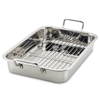 The 17" x 12.25" Stainless Steel Roaster with Rack includes a removable rack, is equipped with two handles, and has an oven-safe design.