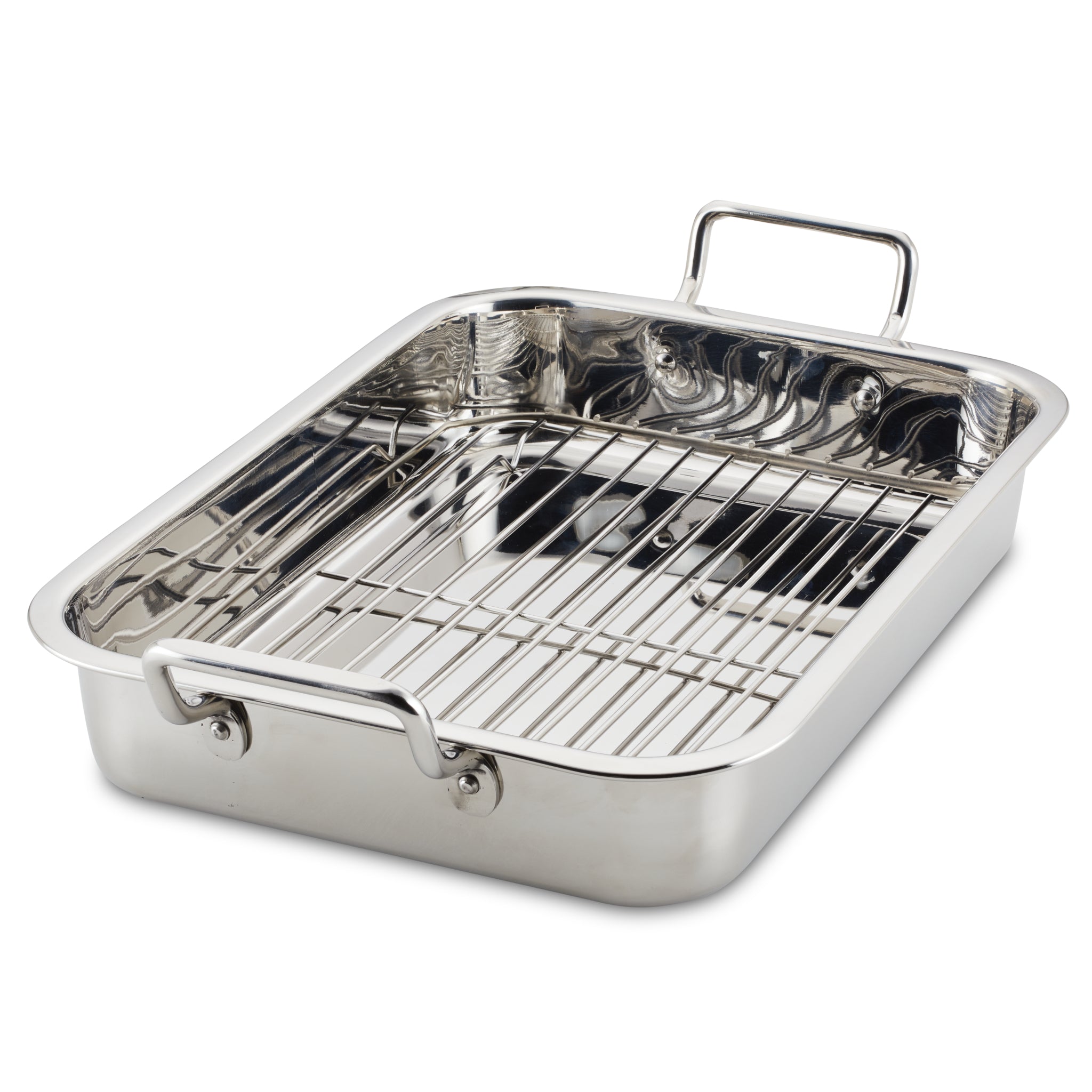 The 17" x 12.25" Stainless Steel Roaster with Rack includes a removable rack, is equipped with two handles, and has an oven-safe design.