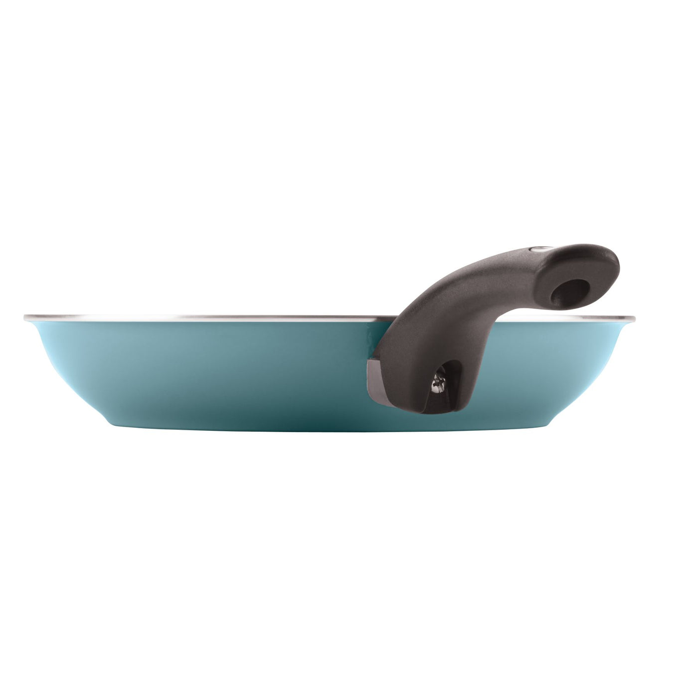 Side view of a pan from the 12-Piece Nonstick Cookware Set, featuring a blue exterior with a black handle, offering high-performance kitchenware for every chef's delight.