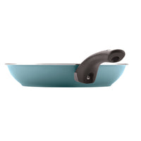 Side view of a pan from the 12-Piece Nonstick Cookware Set, featuring a blue exterior with a black handle, offering high-performance kitchenware for every chef's delight.