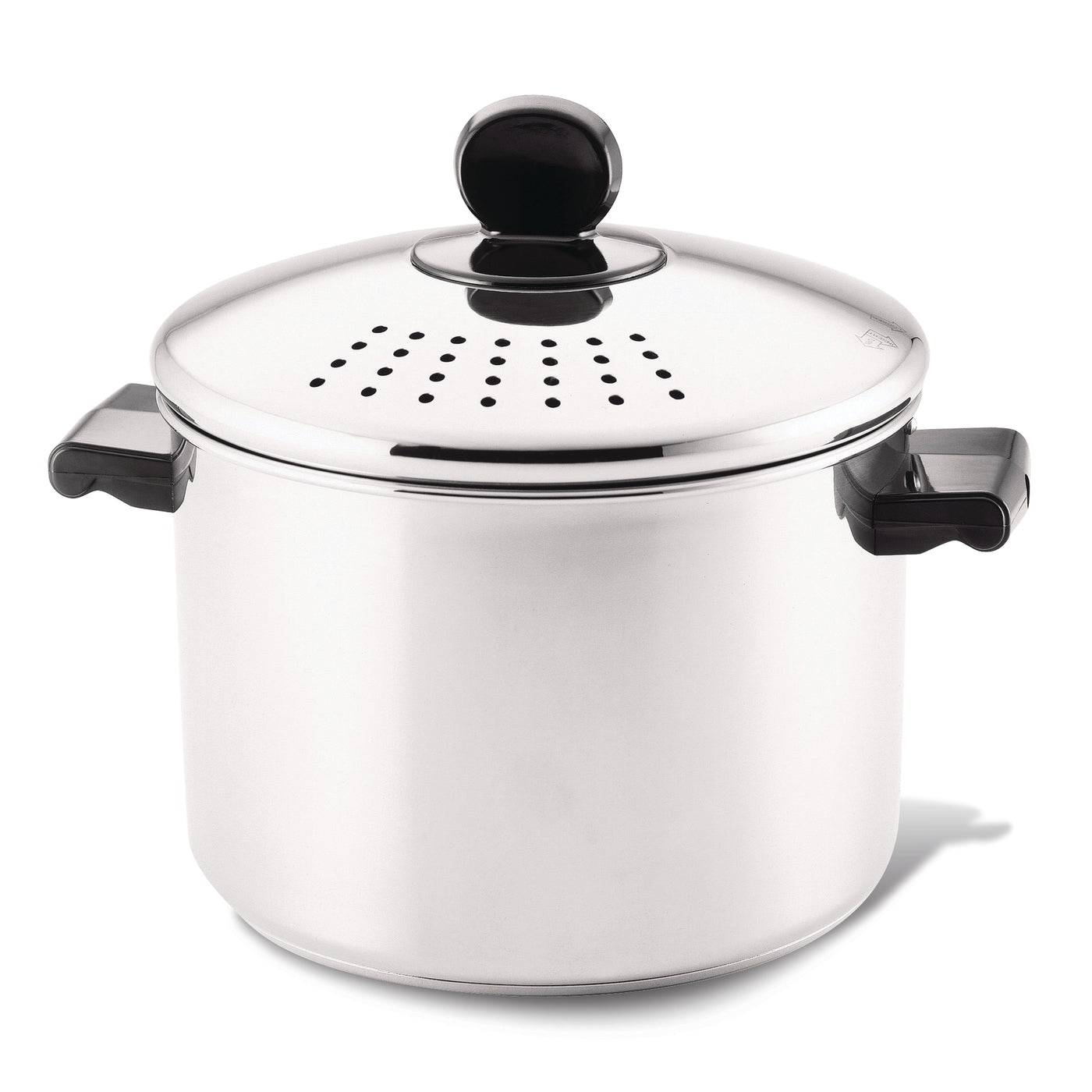 The Classic Series Stainless Steel 8-Quart Stockpot with a straining lid and sturdy handles is ideal for big batch cooking.