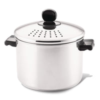 The Classic Series Stainless Steel 8-Quart Stockpot with a straining lid and sturdy handles is ideal for big batch cooking.