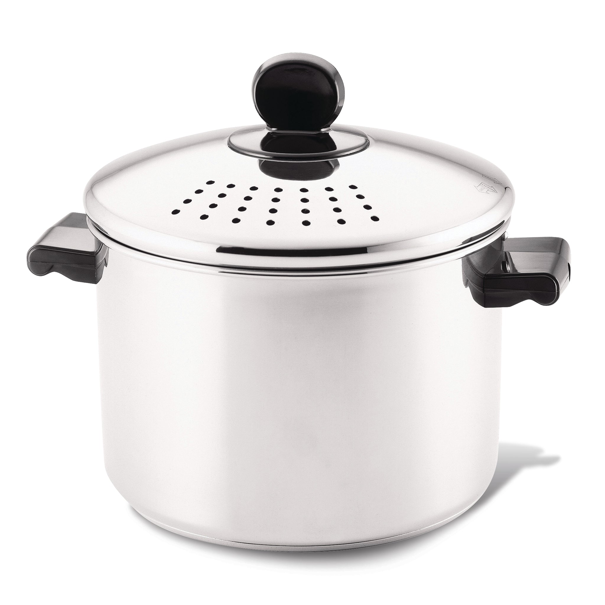 The Classic Series Stainless Steel 8-Quart Stockpot with a straining lid and sturdy handles is ideal for big batch cooking.