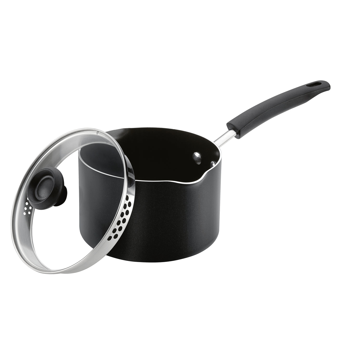 Introducing the 3-Quart Nonstick Straining Saucepan, featuring a black nonstick design with a lid and a black handle. Expertly crafted for convenience, this sleek saucepan is dishwasher safe to ensure easy clean-up, all presented against a crisp white background.