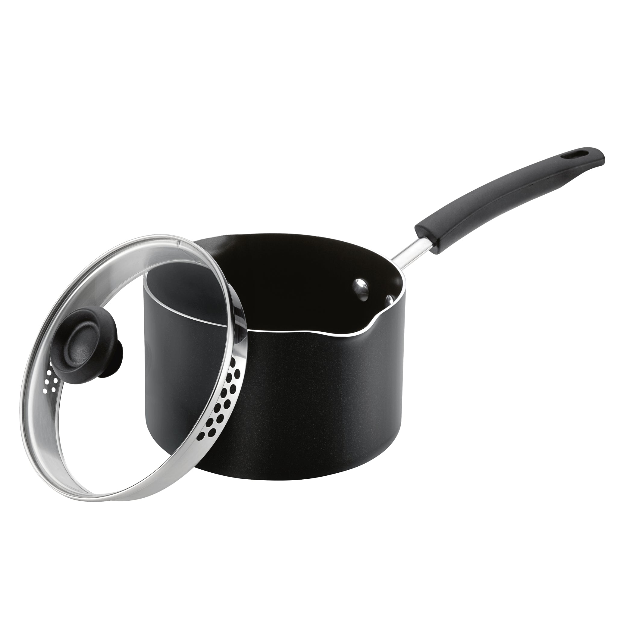 Introducing the 3-Quart Nonstick Straining Saucepan, featuring a black nonstick design with a lid and a black handle. Expertly crafted for convenience, this sleek saucepan is dishwasher safe to ensure easy clean-up, all presented against a crisp white background.