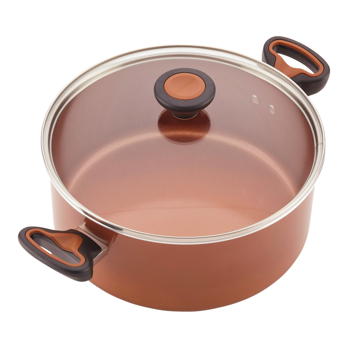 This 12-Piece Copper Ceramic Nonstick Cookware Set includes a pot with a copper finish and a lid, along with black handles. It features CopperSlide technology for effortless cooking, is dishwasher-safe for easy cleanup, and brings an elegant touch to your kitchen.