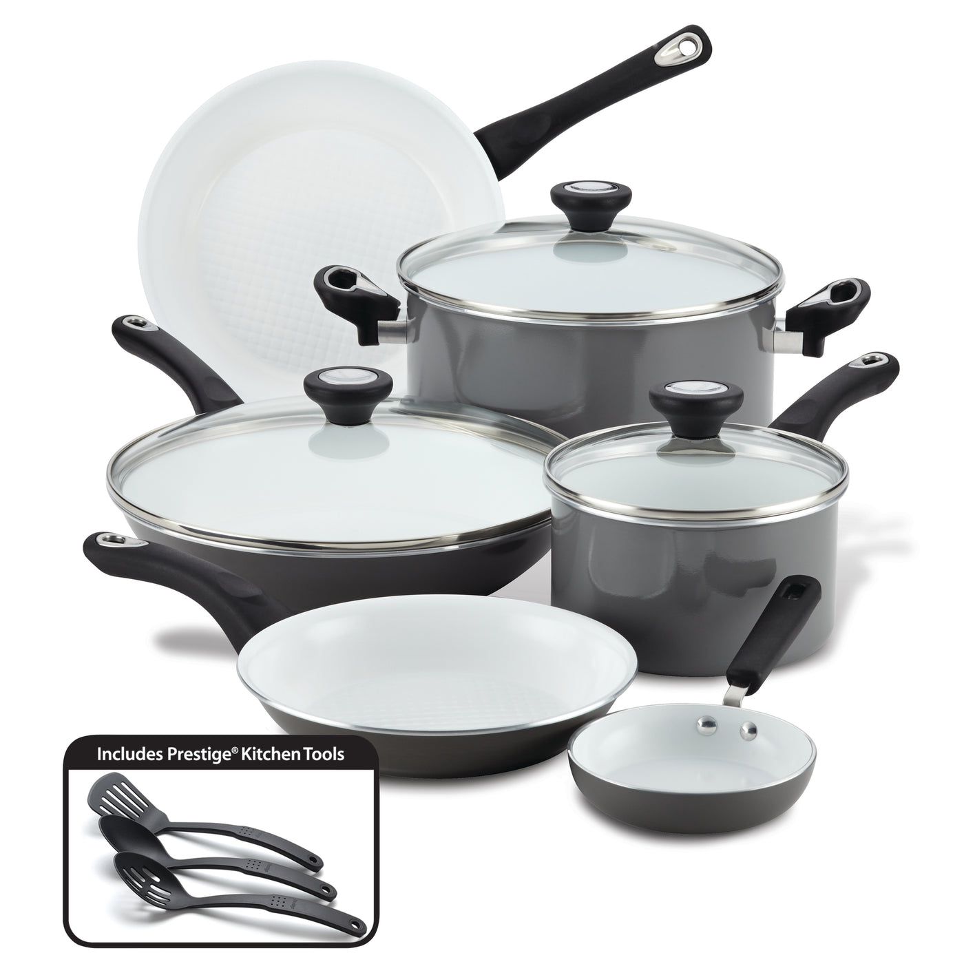 12-Piece Nonstick Cookware Set showcased on white, featuring high-performance pots, pans, lids, and cooking tools.