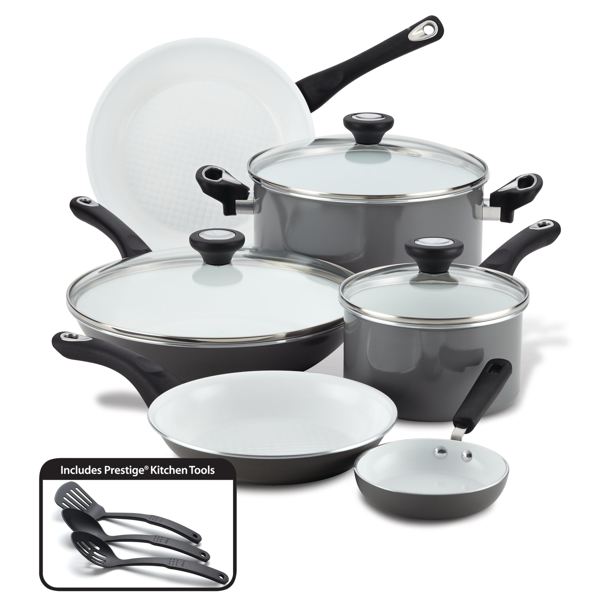 12-Piece Nonstick Cookware Set showcased on white, featuring high-performance pots, pans, lids, and cooking tools.