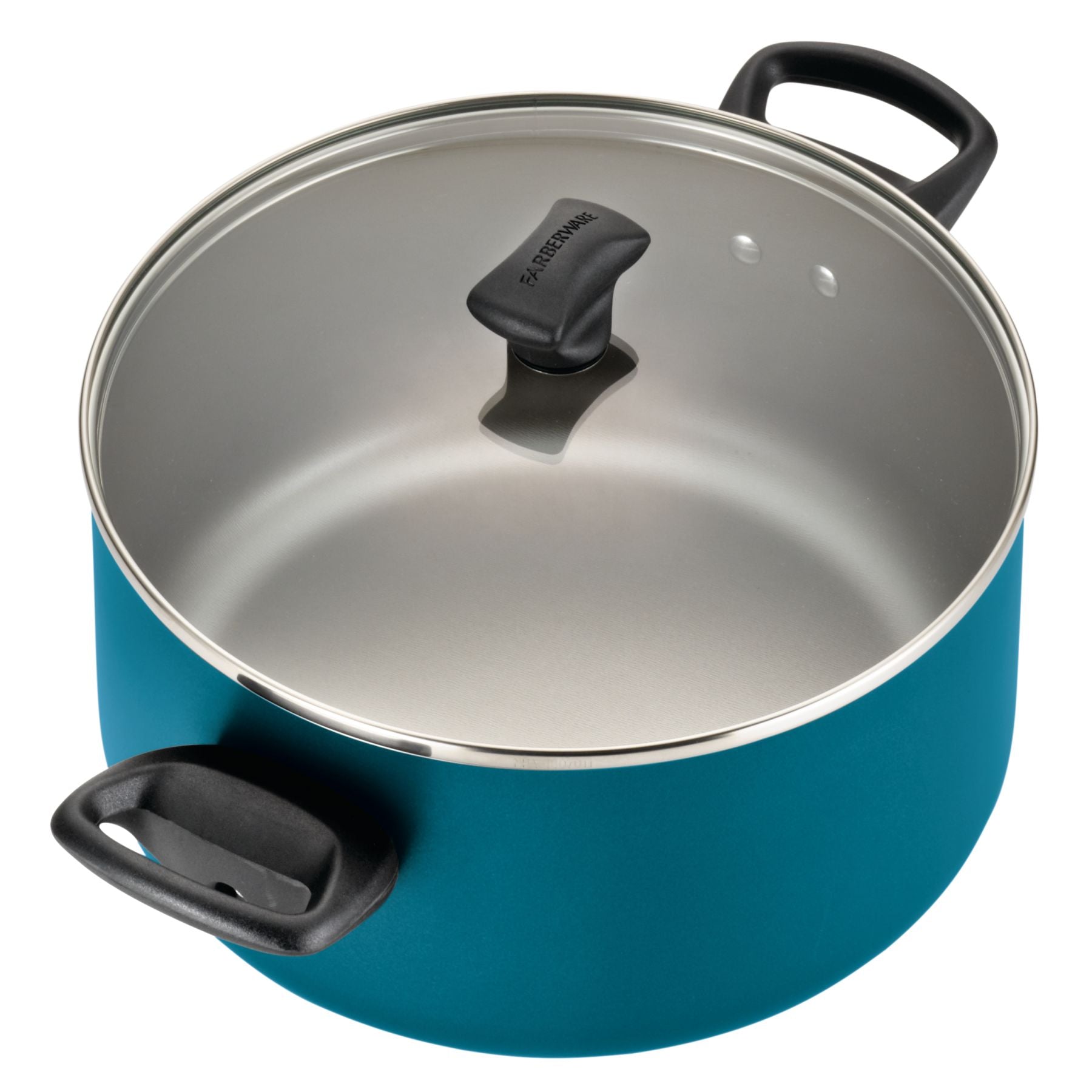Blue aluminum pot from the 15-Piece Nonstick Cookware Set, featuring a glass lid and black handles.