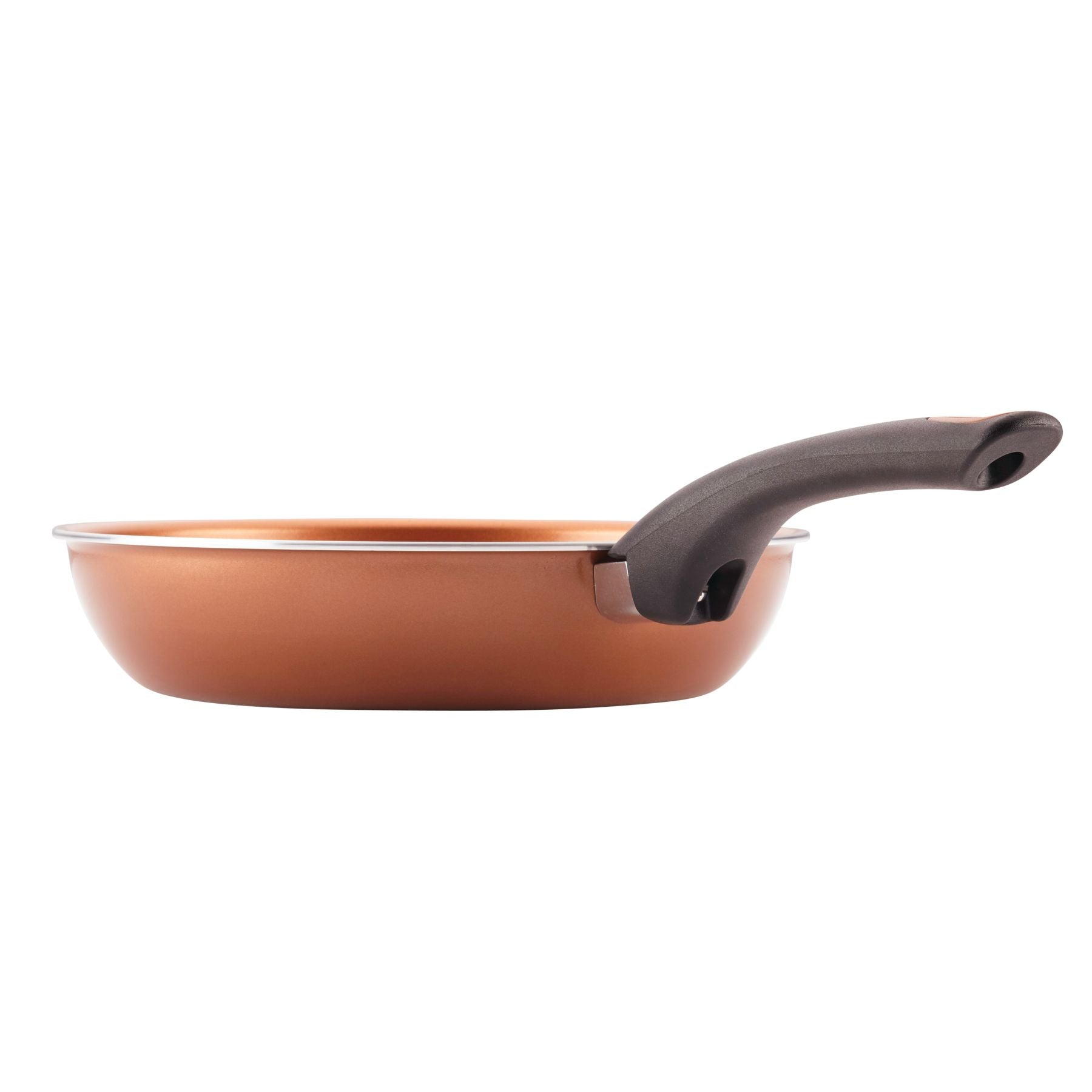 12-Piece Copper Ceramic Nonstick Cookware Set includes a copper frying pan with a black handle against a white background, designed with CopperSlide technology for superior nonstick performance.