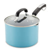3-Quart Recycled Aluminum Nonstick Straining Saucepan featuring a blue finish, a glass lid, and a black handle, set against a white background.