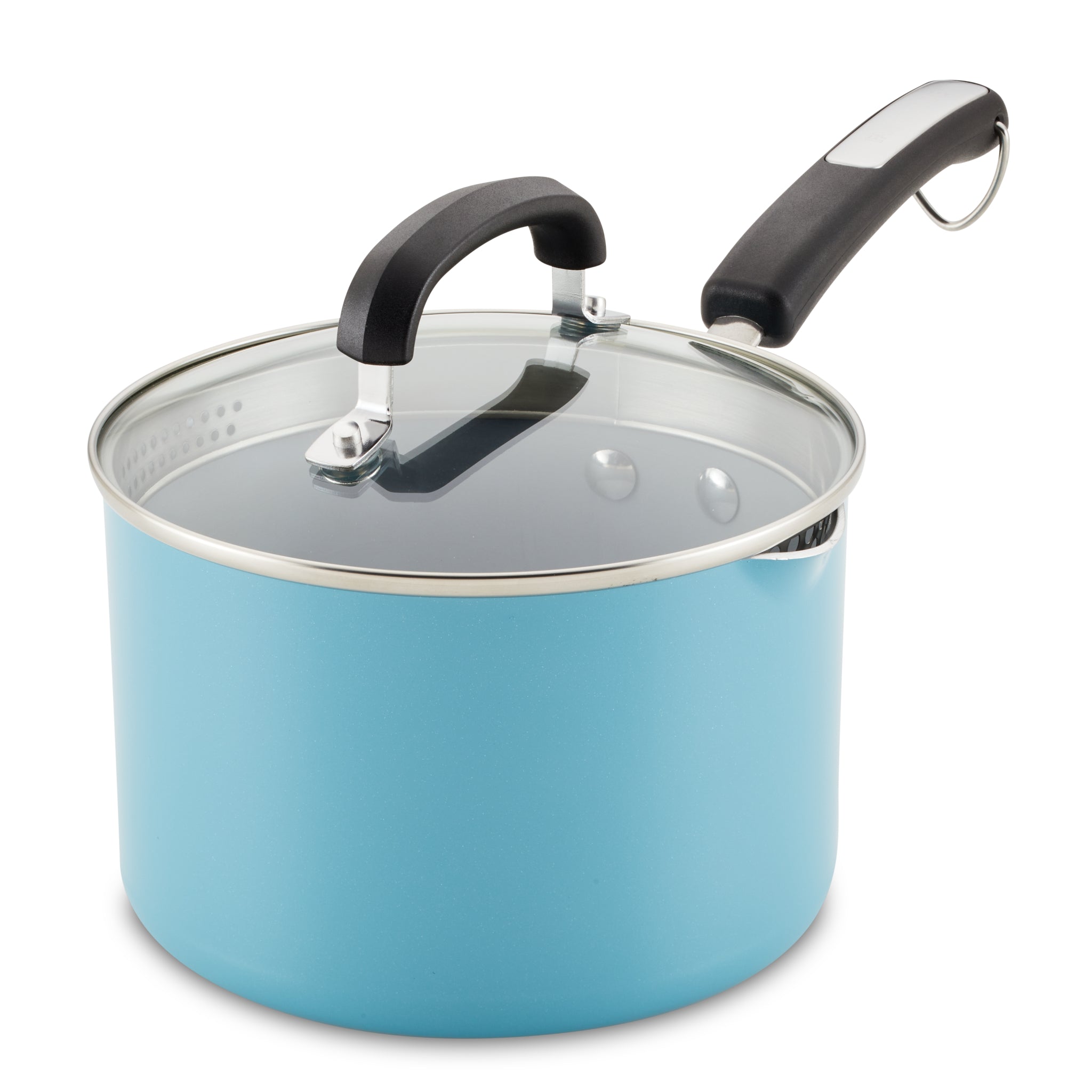 3-Quart Recycled Aluminum Nonstick Straining Saucepan featuring a blue finish, a glass lid, and a black handle, set against a white background.