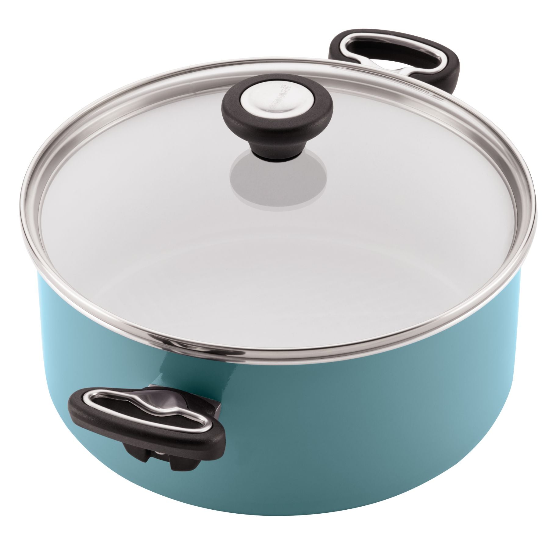 Blue pot featuring a transparent lid and black handles against a white backdrop, included in the 12-Piece Nonstick Cookware Set.