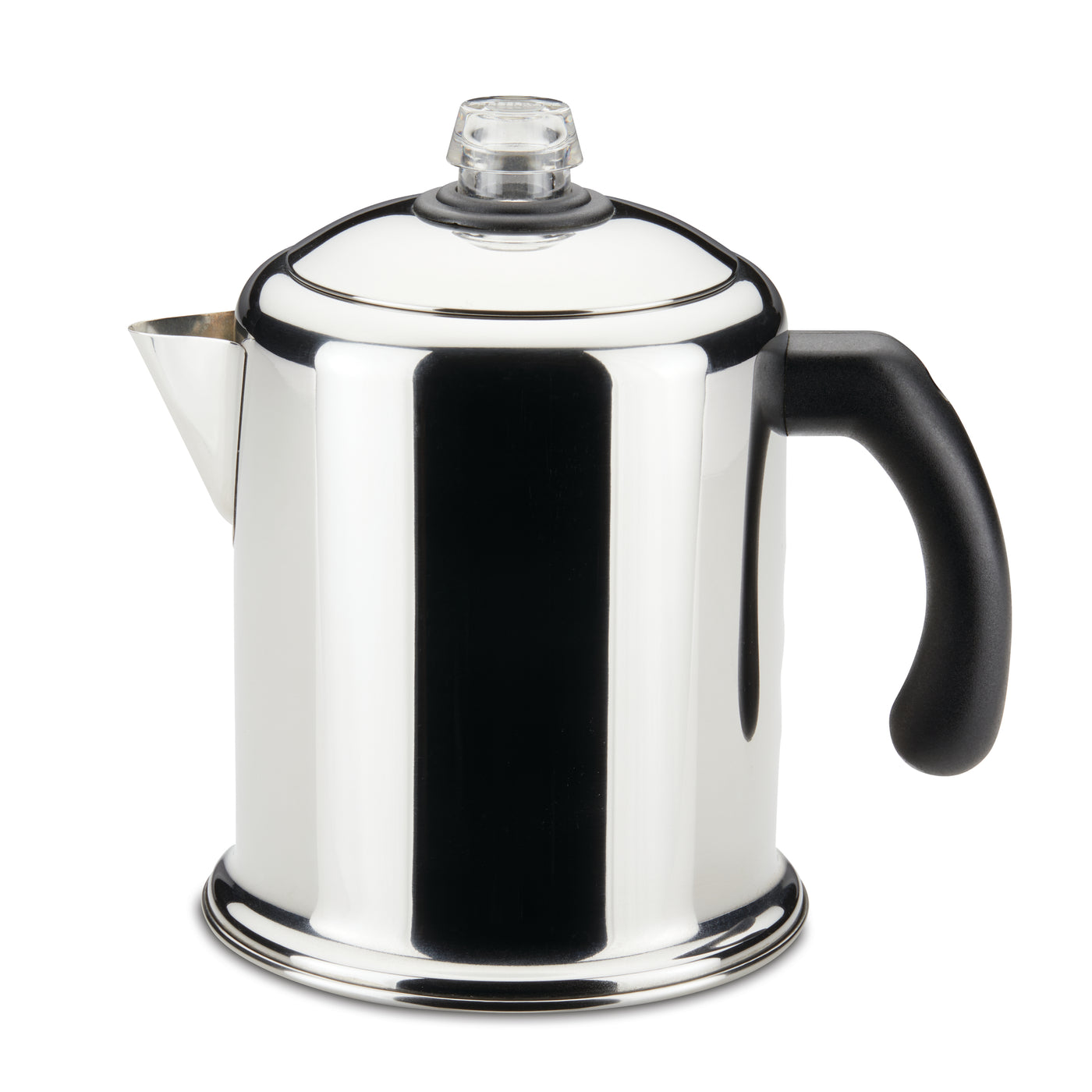 The Yosemite Percolator Coffee Maker, made from durable stainless steel, includes a stylish black handle and a handy permanent filter basket for effortless brewing.